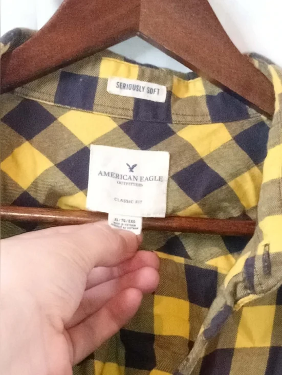 XL Classic Fit American Eagle Cabincore Yellow Black Plaid Shirt Soft Preppy Y2K - Picture 4 of 10